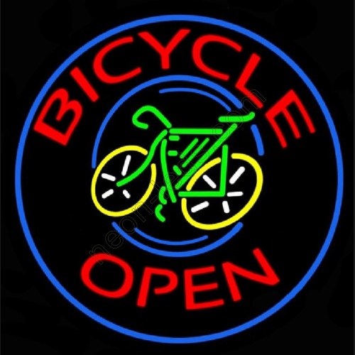 Blue Round Bicycle Open Neon Sign
