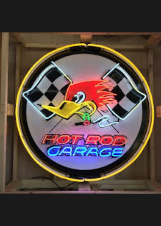 Hot Rod Garage neon sign in steel can